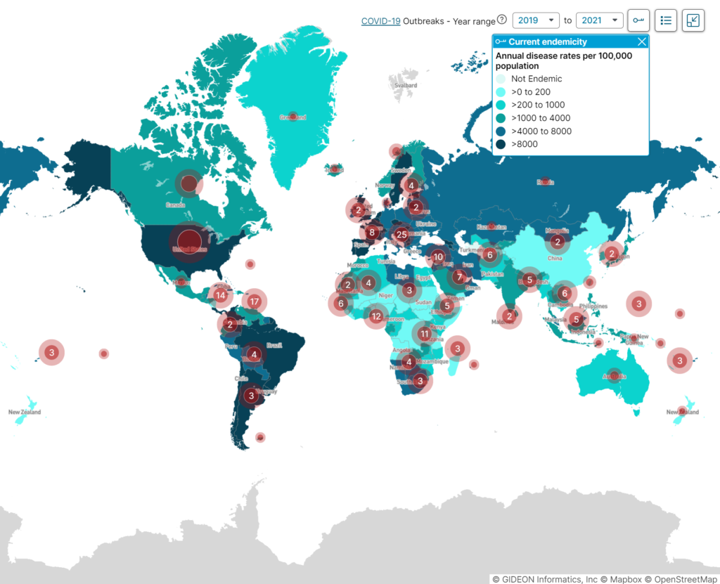 COVID-19 global outbreaks map, illustrating disease incidence between the years 2019 to 2021