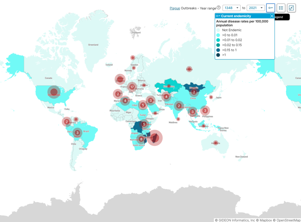 Plague global outbreaks map, illustrating disease incidence between the years 1348 to 2021