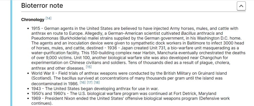 Snippet of Bacillus Anthracis Bioterrorism Note from GIDEON database.